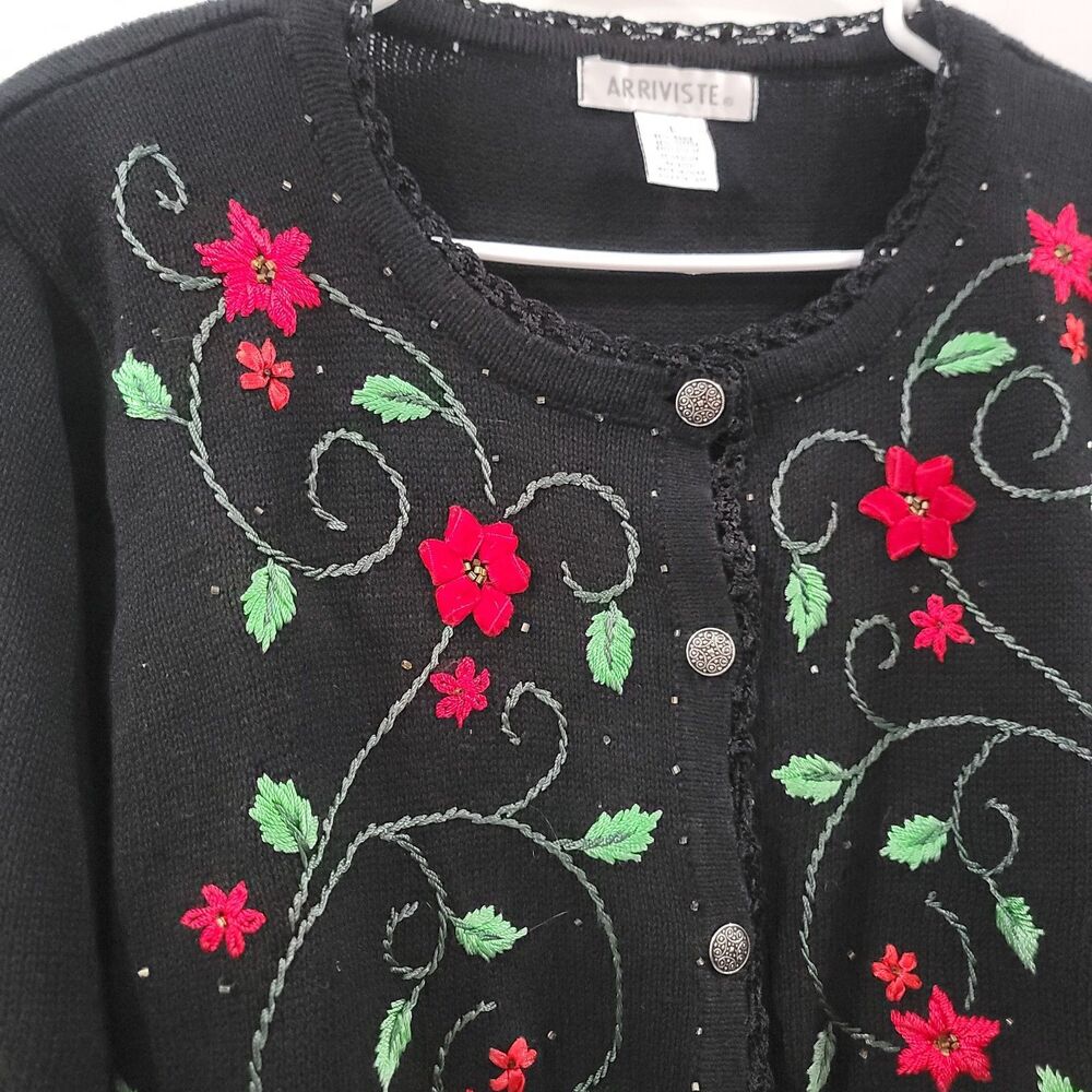 Vintage Arriviste Womens Ugly Christmas Sweater Size Large Poinsetta Cardigan